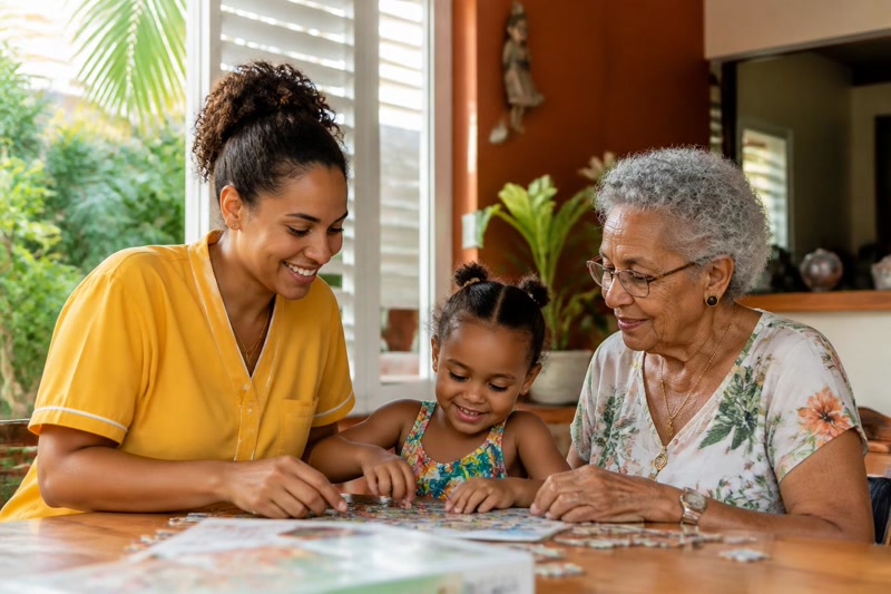 Une intervenante d’Ange & Services partage un moment d’activités avec une senior et un enfant en Martinique